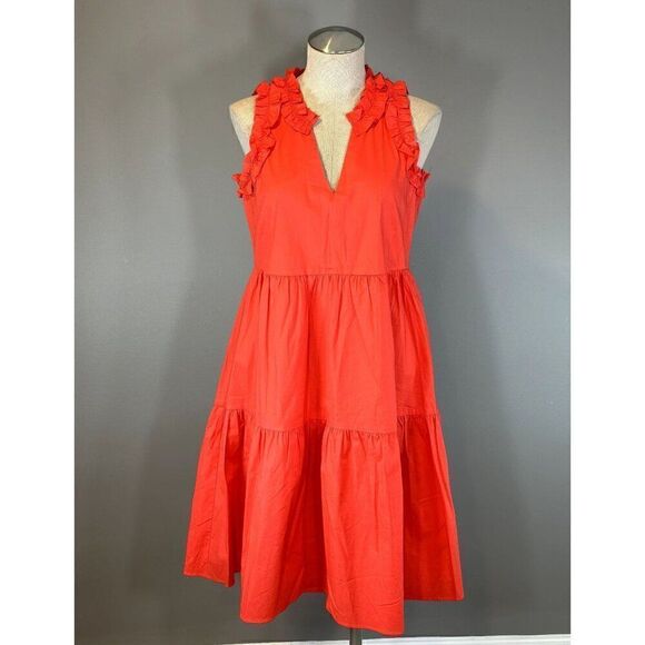Maggy London Ruffle V- Neck Tiered Cotton Trapeze Dress in Orange Size - Picture 1 of 4